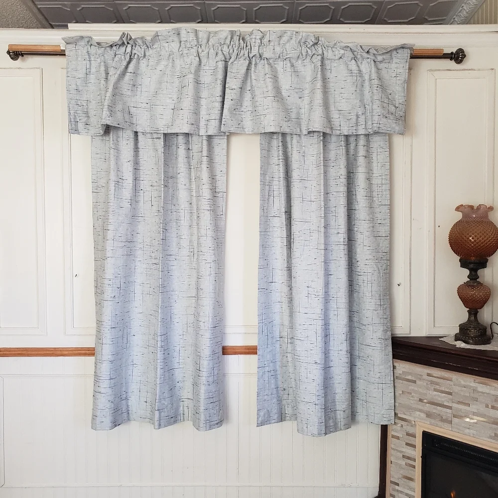 Sears Drapes 48W x 62L Tweed Print Pinch Pleat Curtains Blue VTG 50s 60s NEW